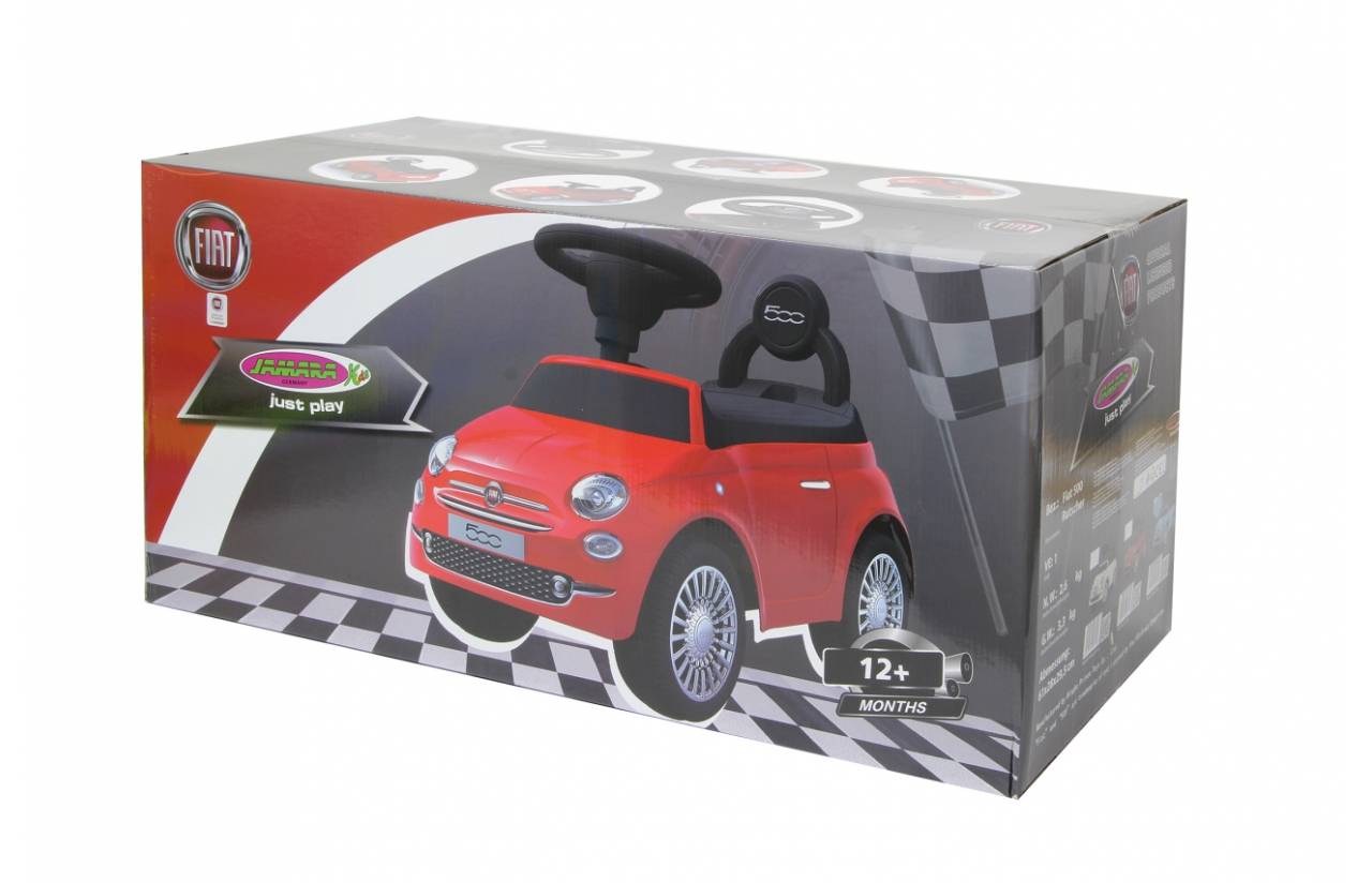 Rotes Fiat-Rutschfahrzeug in Schachtelbindung für Kinder, auf der Produktverpackung mit Altersangabe "12+ Monate"" und kariertem Renndesign dargestellt.