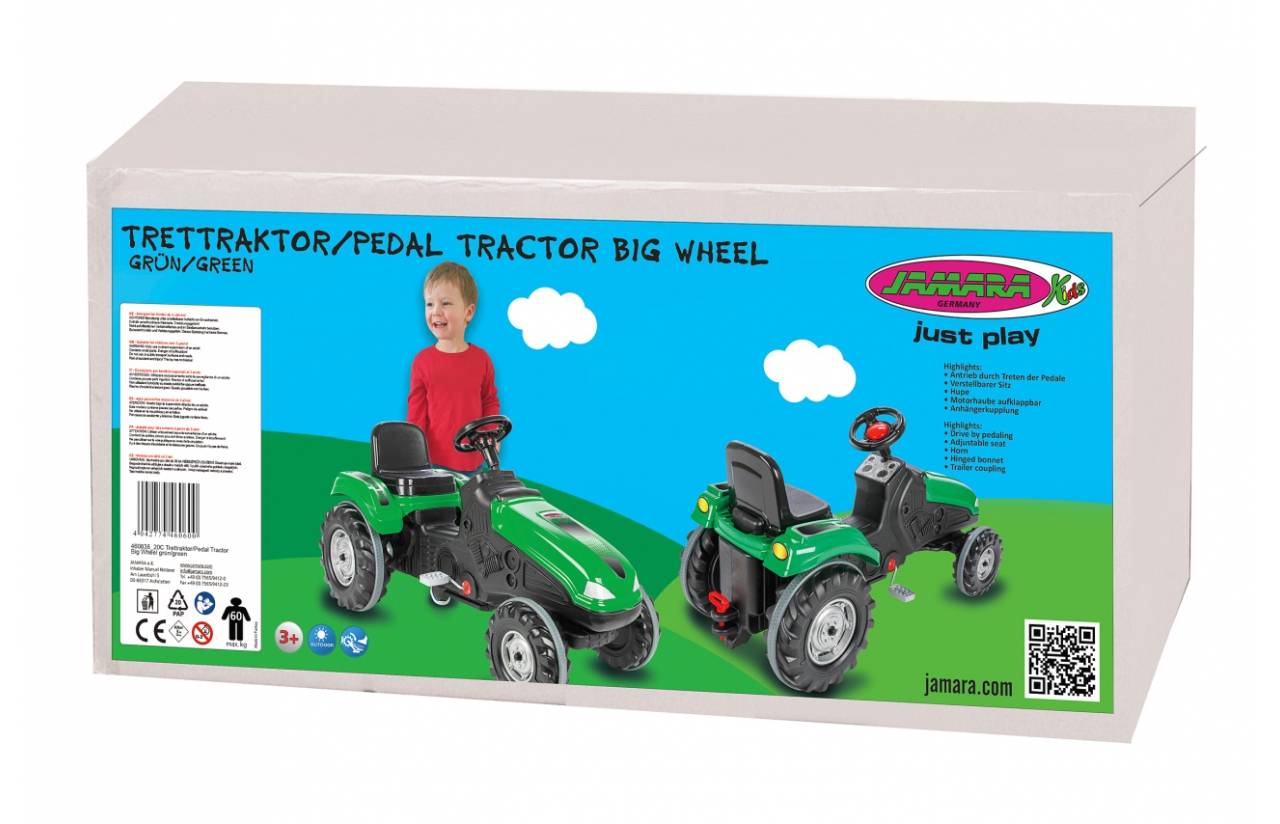 Kartonverpackung für einen grünen Kinder-Trettraktor, gekennzeichnet mit „TRETRAKTOR/PEDAL TRACTOR BIG WHEEL