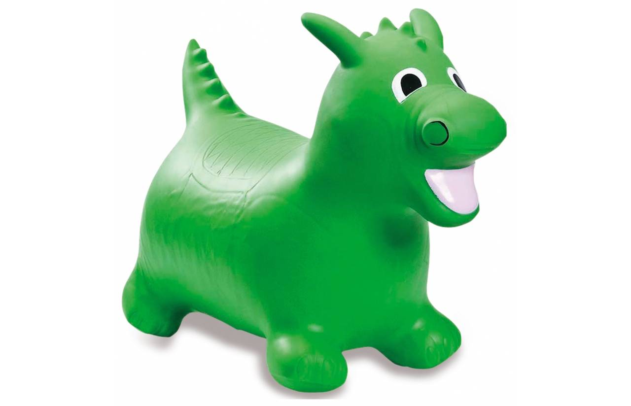 Grünes aufblasbares Springtier-Spielzeug in Form eines Cartoon-Dinosauriers oder Drachen, mit einem Lächeln und erhobener Schwanzhaltung auf weißem Hintergrund.