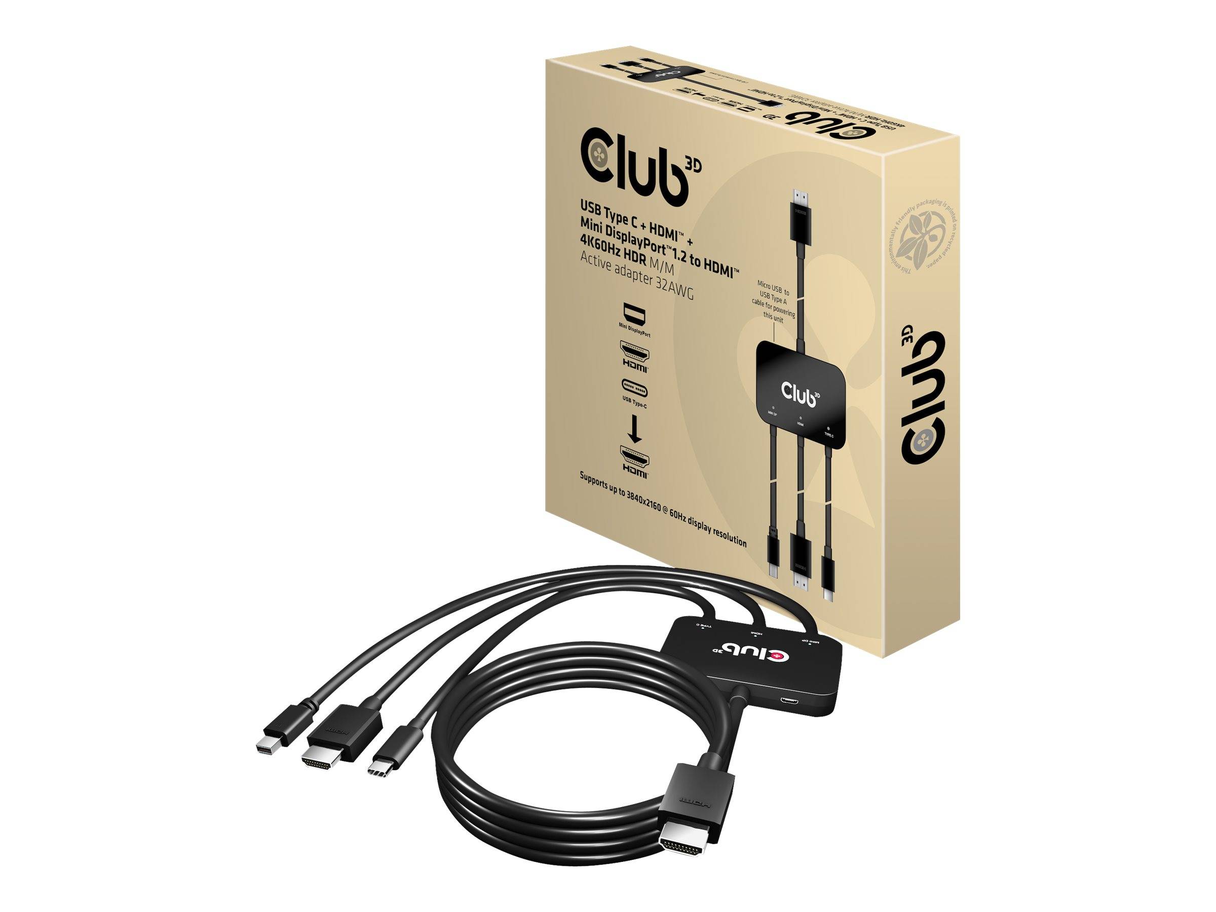 Boxed Club 3-in-1 USB-Lade- und Datenkabel mit drei Steckern und aufgerolltem schwarzem Kabel auf weißem Hintergrund angezeigt.