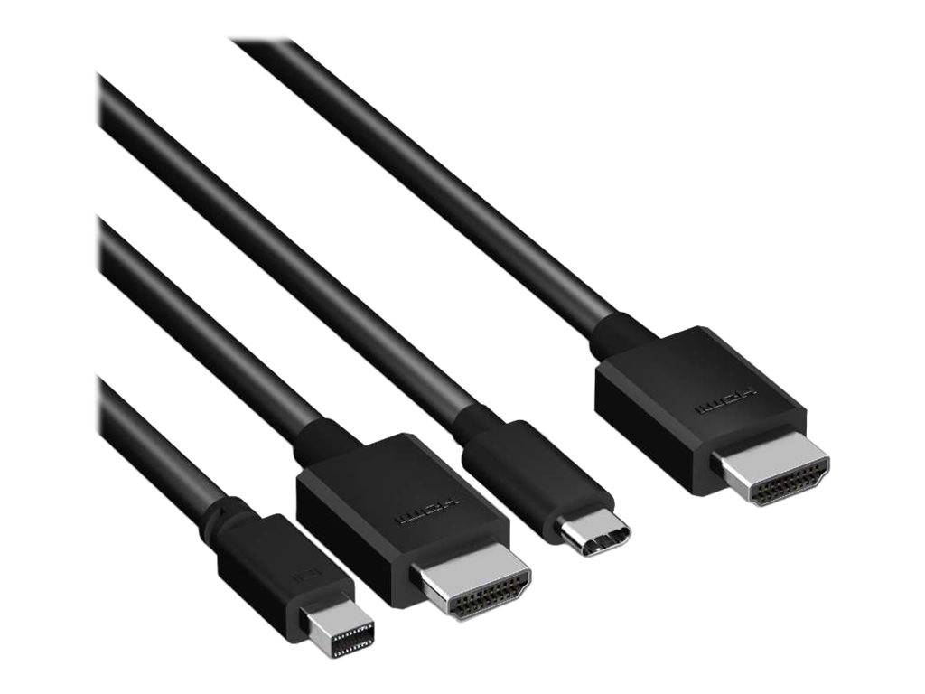 Drei schwarze Kabel mit verschiedenen Anschlüssen: HDMI, USB-C und Mini-DisplayPort, auf weißem Hintergrund dargestellt.