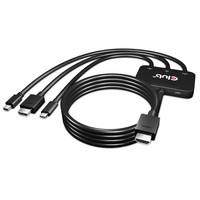 Schwarzes USB-C-Hub-/Adapterkabel mit vier Anschlüssen und einer kleinen integrierten Steuerungsbox.