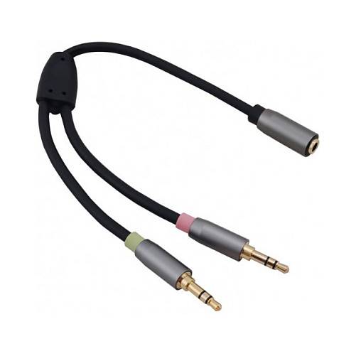 Audiokabel-Splitter mit einer weiblichen Buchse und zwei männlichen Steckern, verwendet zum Anschluss von Kopfhörern oder Lautsprechern an ein einzelnes Gerät.