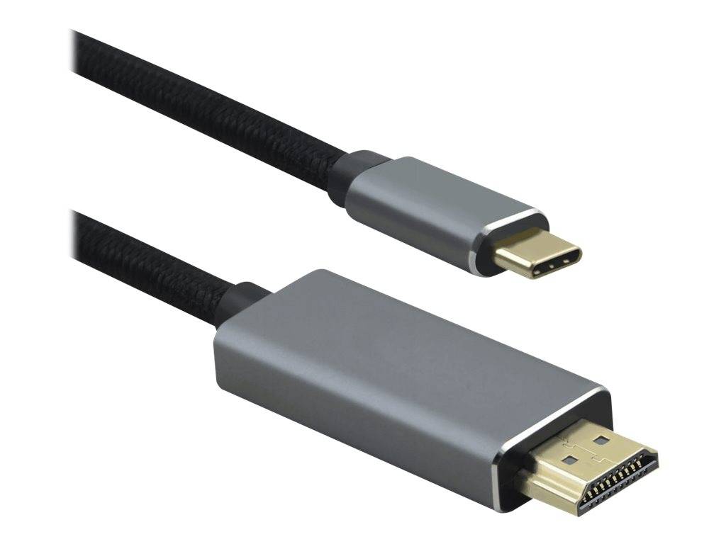 Zwei USB-C-Kabel gezeigt, eines mit einem USB-C-Anschluss und eines mit einem größeren HDMI-ähnlichen Anschluss, auf weißem Hintergrund.
