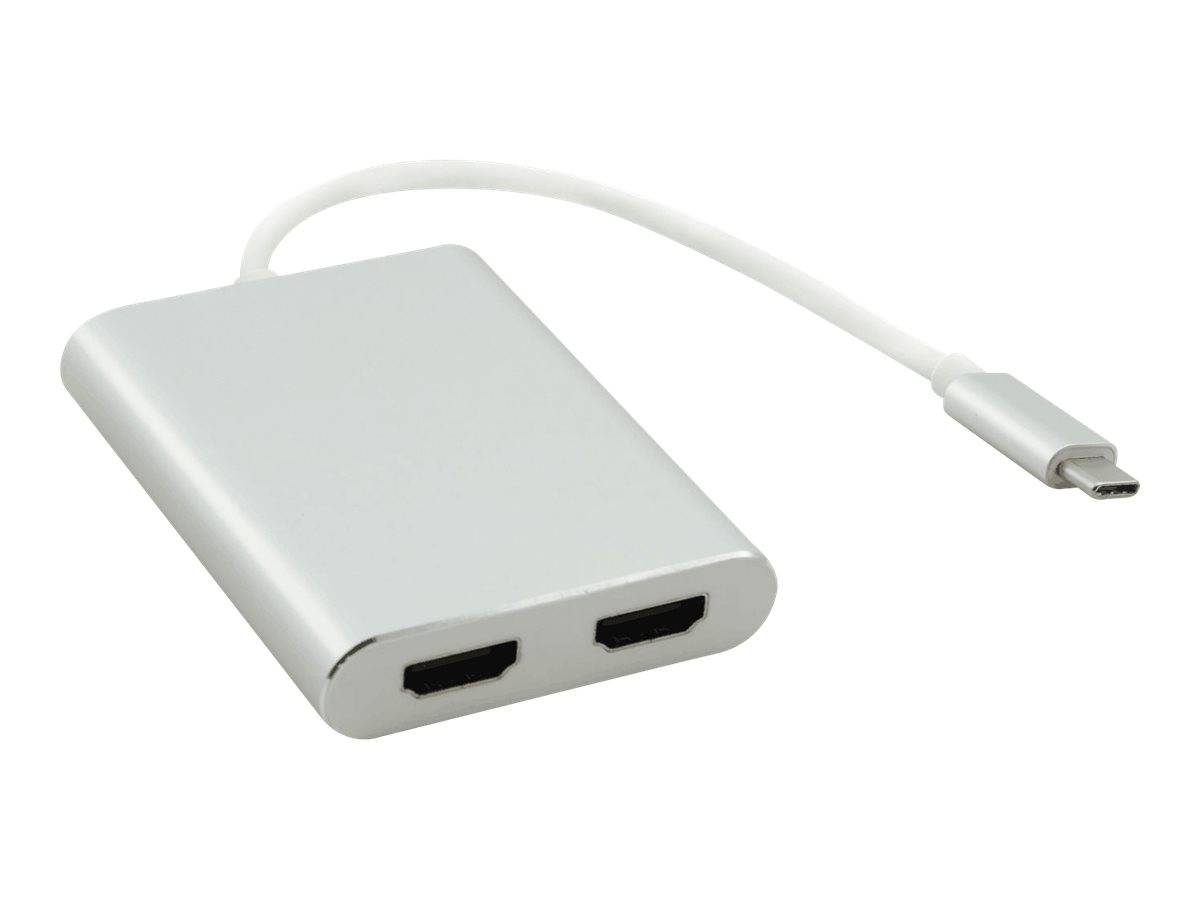 Weißer USB-C-Adapter mit zwei HDMI-Anschlüssen und einem kurzen angebrachten Kabel, dargestellt vor einem einfachen Hintergrund.