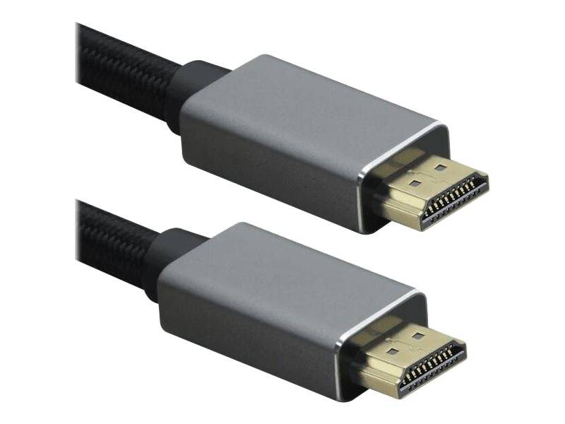Zwei schwarze HDMI-Kabel mit silbernen Steckern auf weißem Hintergrund, die die Kabelenden zeigen, die zum Verbinden von Audio- und Videogeräten verwendet werden.