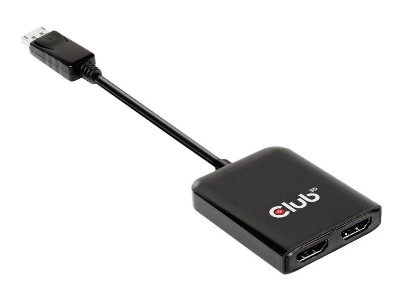 Schwarzer USB-Adapter mit HDMI-Ausgangsanschlüssen und angeschlossenem USB-Steckkabel auf weißem Hintergrund.
