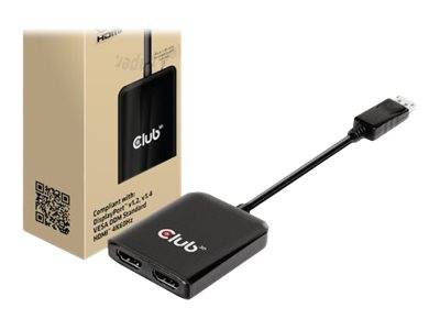 Club HDMI-Splitter-Adapter mit zwei HDMI-Anschlüssen und USB-Stromkabel, dargestellt neben seiner Einzelhandelsverpackung.
