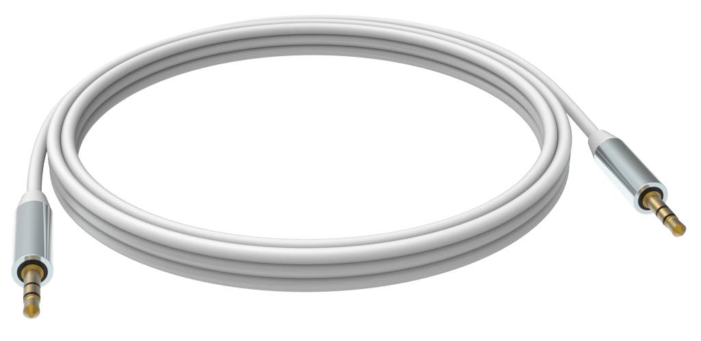 Weißes Audiokabel mit 3,5-mm-Steckern auf beiden Seiten, aufgewickelt auf einfachem Hintergrund.