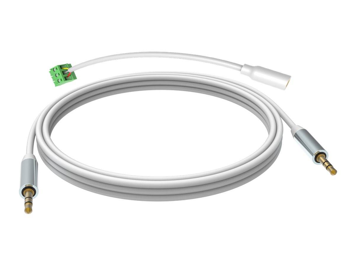 Weißes Audiokabel mit zwei 3,5-mm-Stecker und einem kleinen grünen Anschlussanschluss, aufgerollt auf weißem Hintergrund.