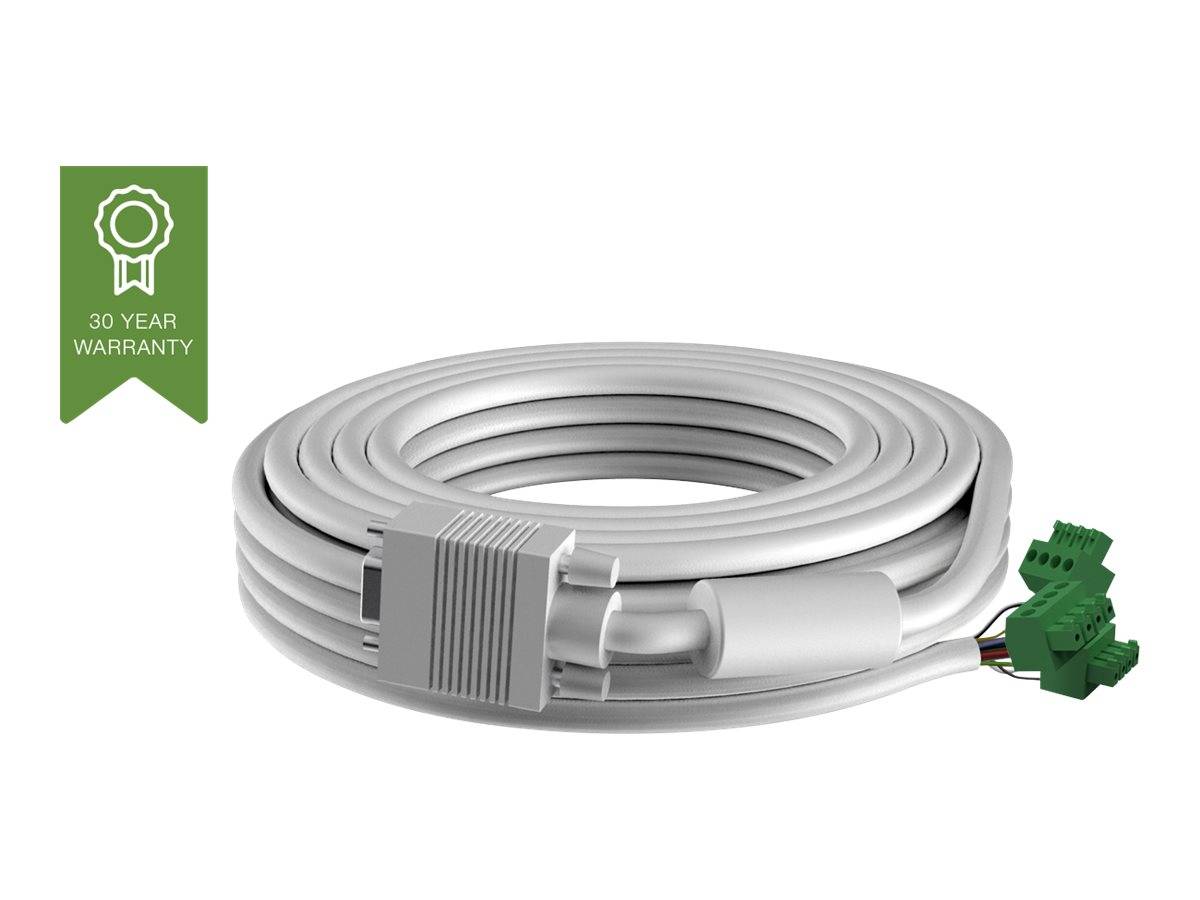 Aufgerolltes weißes Kabel mit grauem Stecker und grünen Anschlussklemmen, mit der Bezeichnung 