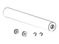 Explodierte Ansicht einer zylindrischen Rollerlagereinheit mit zwei Lagern und zwei Halteklammern, die unter der Rolle angeordnet sind.