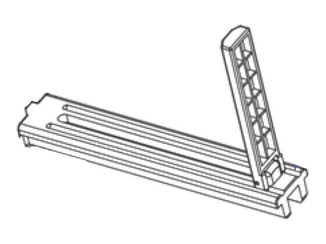 Technische Strichzeichnung einer Metallschiene oder eines Gleises mit einer hohen aufrechten Halterung an einem Ende montiert.