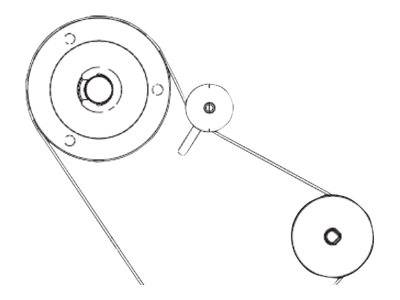 Technisches Diagramm eines Riemen-und-Riemenscheiben-Systems, das drei Räder verschiedener Größen verbindet.
