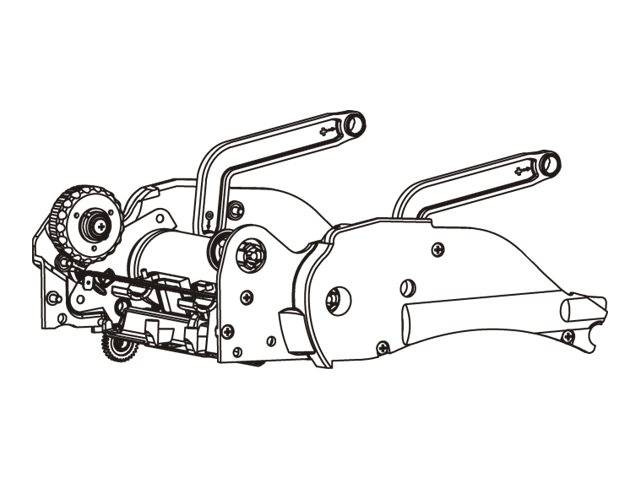 Strichzeichnung eines mechanischen Schneidewerkzeugs oder einer Klemme mit zwei Griffen, Zahnrädern und einem vorderen Backenmecharismus, dargestellt in Seitenansicht.