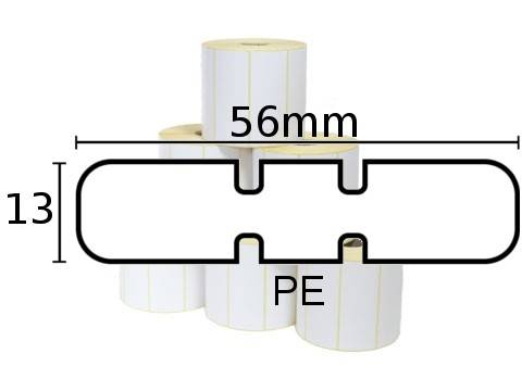 Technisches Diagramm eines weißen PE-Rollenprofils mit einer Breite von 56 mm und einer Höhe von 13 mm, wobei vier Ausschnittkerben im Profil dargestellt sind.