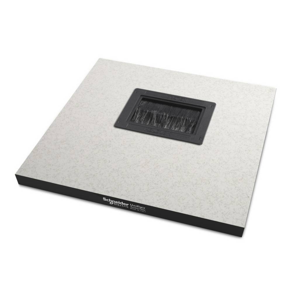 Ein quadratisches, strukturiertes Panel mit einer zentralen rechteckigen, mit Pinselstrichen versehenen Öffnung, mit einem Schneider Electric-Etikett am Rand.