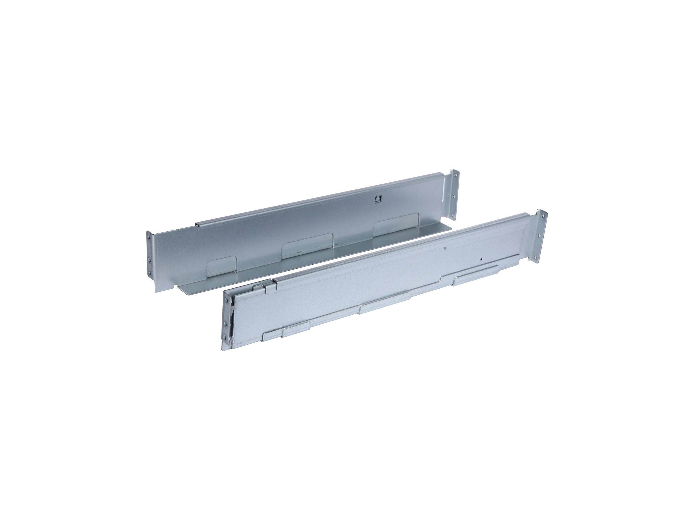 Zwei graue Metallschienen für die Rackmontage von Servern auf weißem Hintergrund gezeigt.
