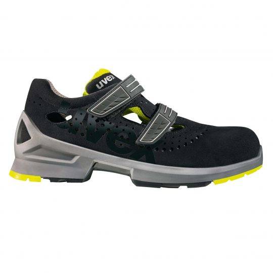 Uvex 85428, Unisex, Erwachsener, Sicherheitssandalen, Schwarz, Limette, ESD, S1, SRC, Klettverschluss