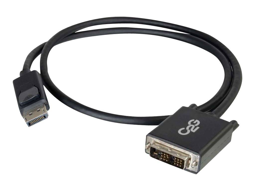 Schwarzes Displaykabel mit einem DisplayPort-Anschluss an einem Ende und einem DVI-Anschluss am anderen Ende, gezeigt auf weißem Hintergrund.