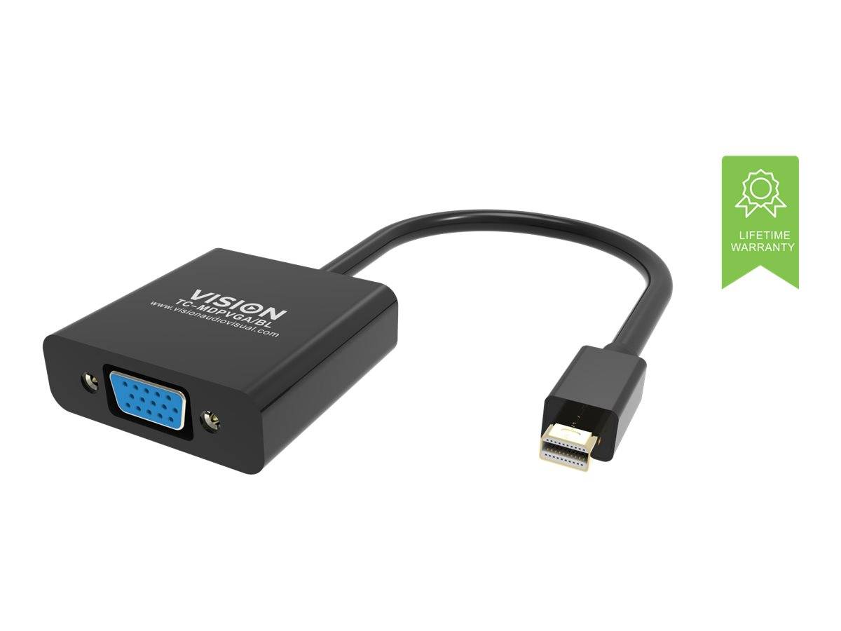 DisplayPort-zu-VGA-Adapterkabel mit weiblichem VGA-Anschluss und männlichem DisplayPort-Stecker, gekennzeichnet mit „Lebenslange Garantie