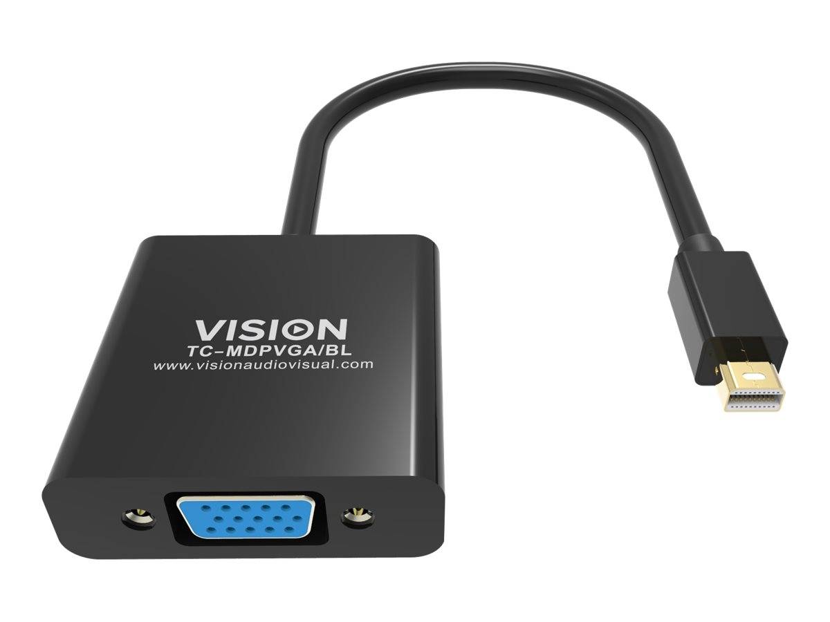 Schwarzer HDMI-zu-VGA-Adapter mit der Bezeichnung „VISION TC-MDPVGA/BL