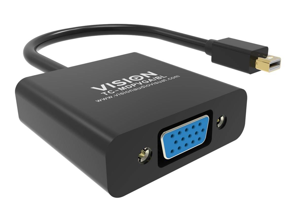 Schwarzer HDMI-zu-VGA-Adapter mit angeschlossenem HDMI-Kabel und blauem VGA-Anschluss, beschriftet mit „VISION