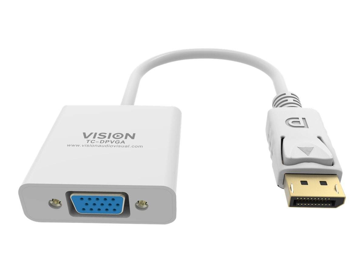 DisplayPort-zu-VGA-Adapterkabel mit einem weißen Steckerblock und einer VGA-Buchse auf der einen Seite und einem DisplayPort-Stecker auf der anderen Seite.