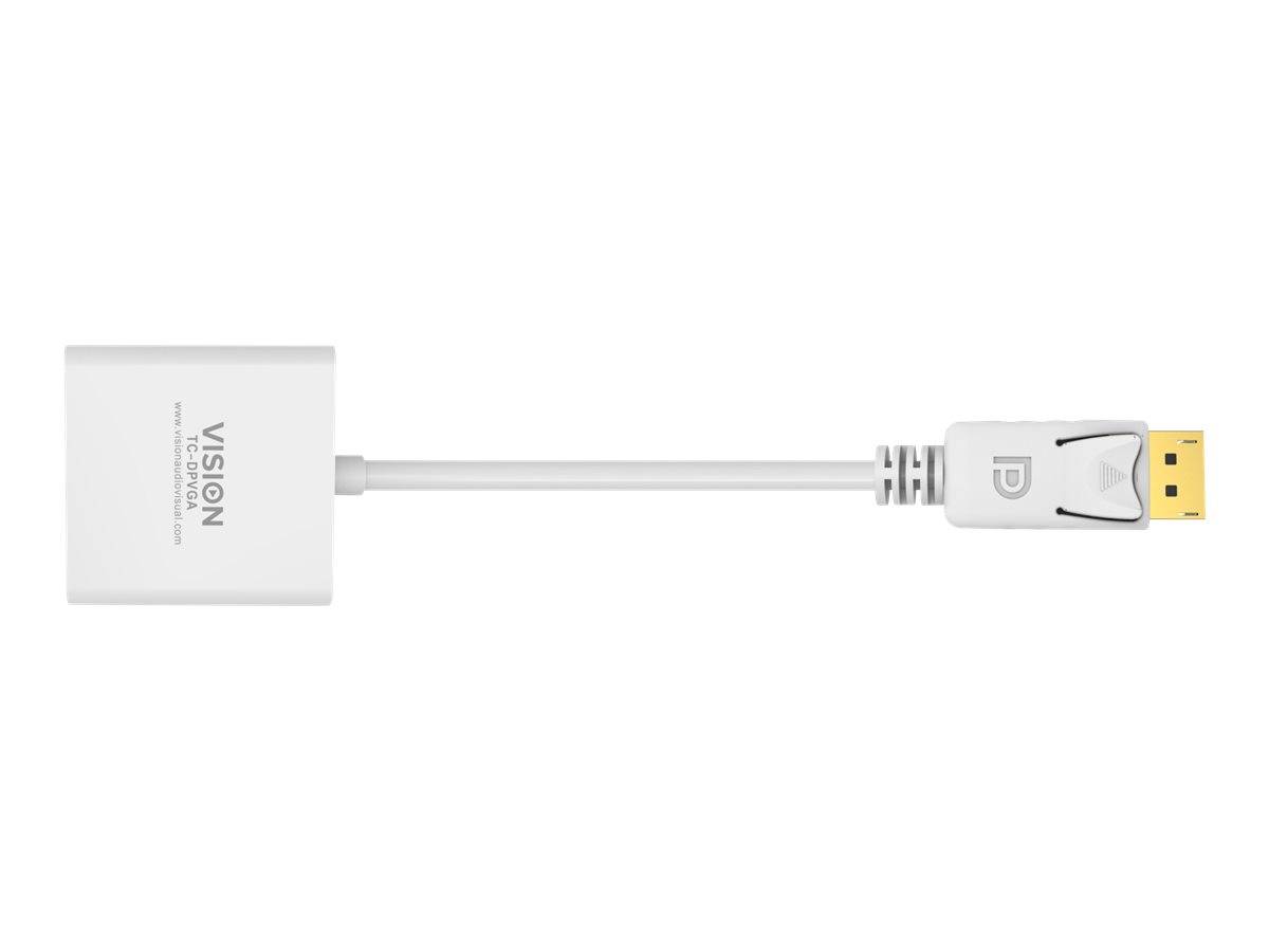 Weißes HDMI-Adapterkabel mit Vision-Logo, das an einem Ende einen USB-Stecker und am anderen Ende einen größeren Stecker auf neutralem Hintergrund zeigt.