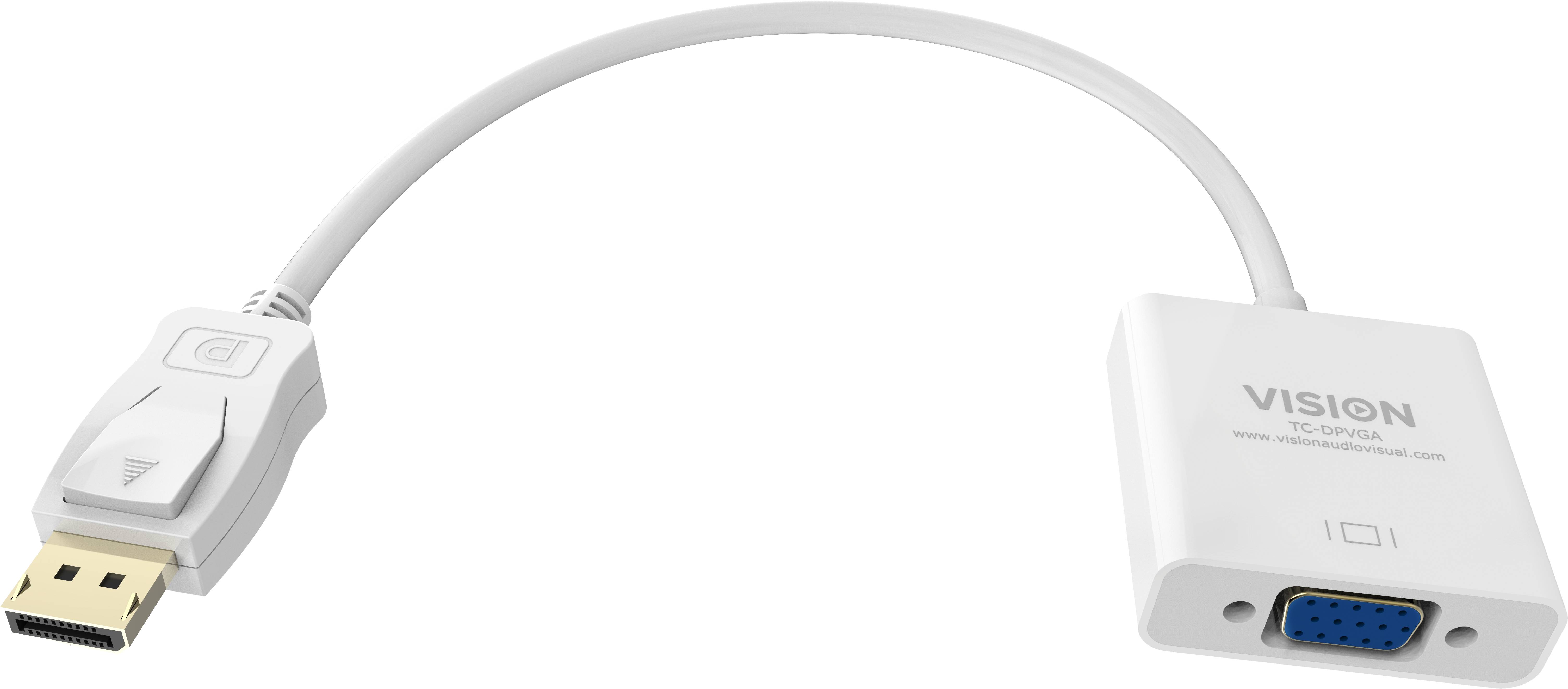 DisplayPort-zu-VGA-Adapterkabel mit weißen Steckern, mit der Bezeichnung „VISION", zeigt einen männlichen DisplayPort-Stecker und einen weiblichen VGA-Anschluss.