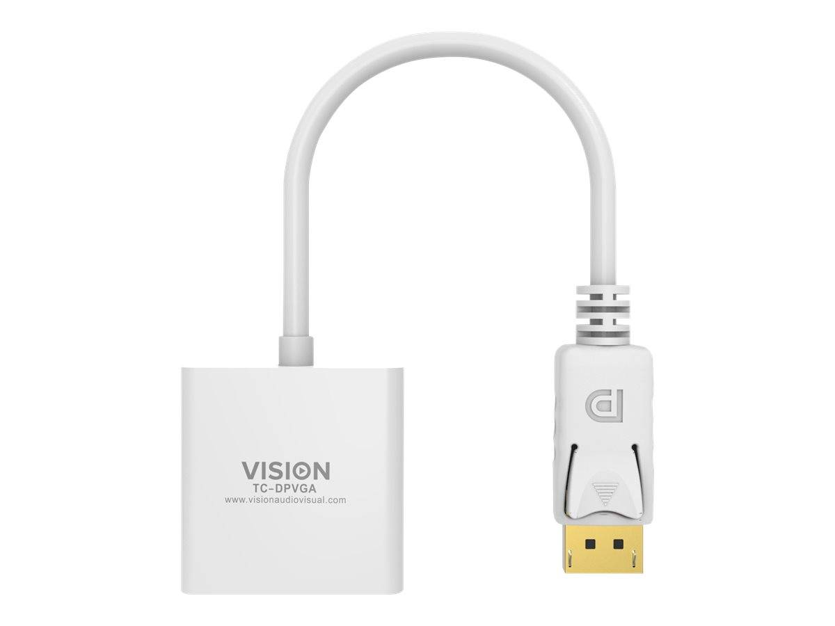 White Vision TC-DPVGA Adapterkabel mit DisplayPort-Stecker auf der einen Seite und VGA-Anschlussblock auf der anderen Seite, gezeigt auf einem einfachen Hintergrund.