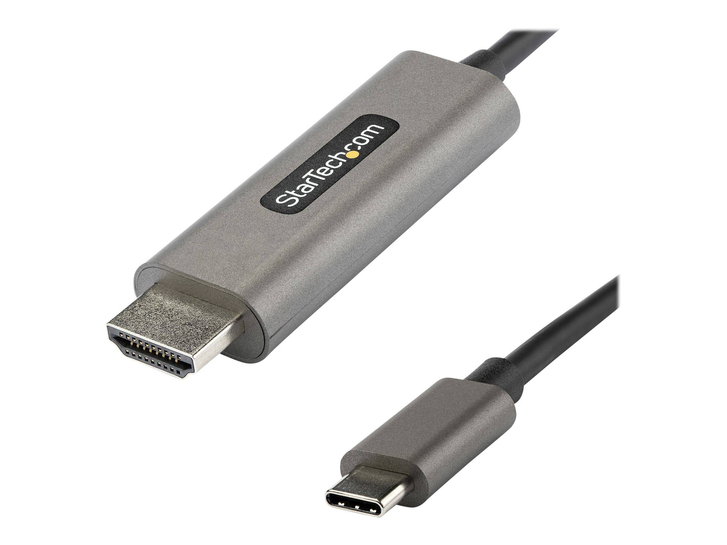 USB-C-auf-HDMI-Adapterkabel mit einem silbernen StarTech.com-Anschluss an einem Ende und einem USB-C-Stecker am anderen Ende.