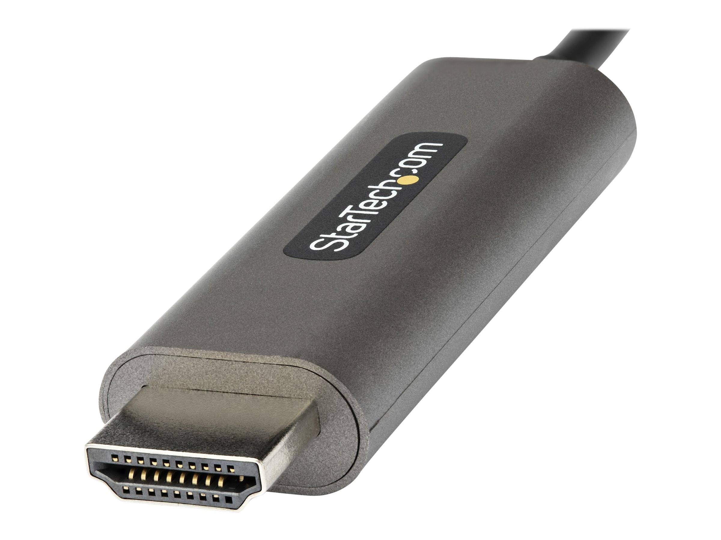 Ein grauer USB-C-auf-HDMI-Adapter mit einem StarTech.com-Logo, gezeigt auf weißem Hintergrund.