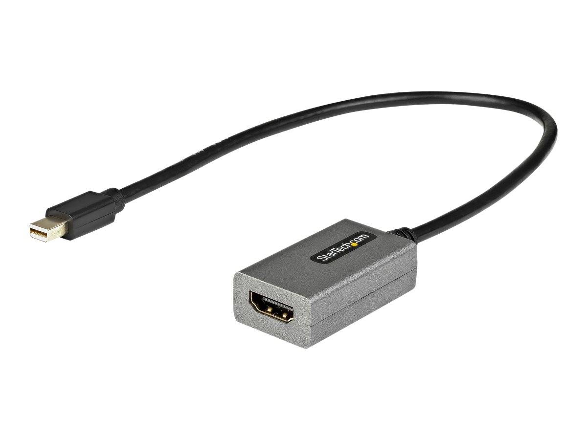 USB-C auf HDMI-Adapterkabel mit einem kurzen schwarzen Kabel und grauem Stecker, dargestellt auf weißem Hintergrund.