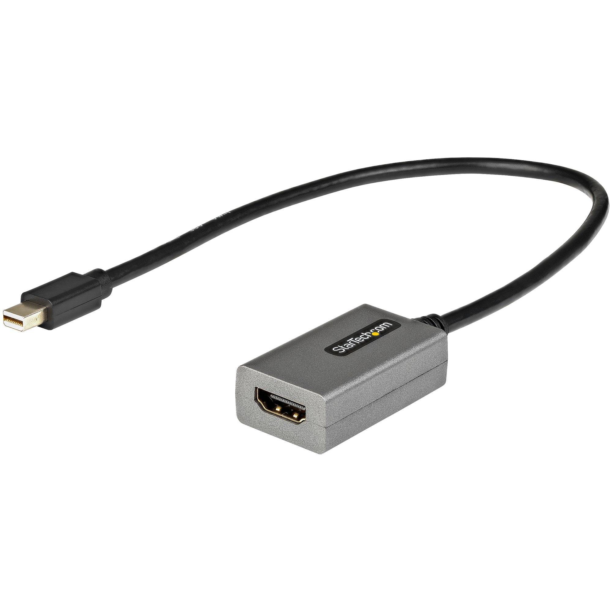 Mini-DisplayPort-zu-HDMI-Adapterkabel mit kurzem schwarzem Kabel und grauem Verbindungsblock auf weißem Hintergrund