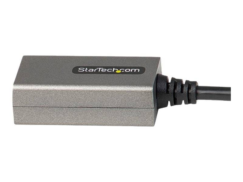 Kleiner silberner StarTech.com-Inline-Elektronikadapter mit schwarzem Kabel, das in ein Ende eingesteckt ist, auf weißem Hintergrund dargestellt.