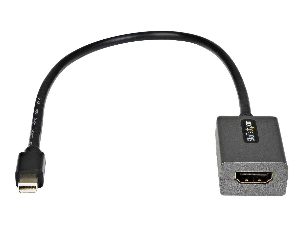 Kurzer Kabeladapter mit einem Mini-DisplayPort-Stecker an einem Ende und einer weiblichen HDMI-Buchse am anderen Ende, gezeigt auf weißem Hintergrund.