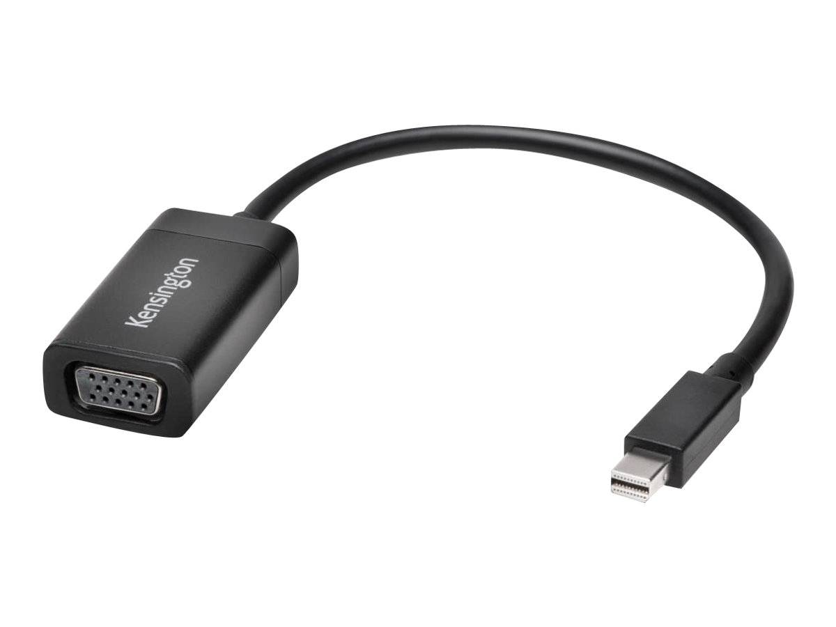 Mini-DisplayPort-zu-VGA-Adapterkabel mit schwarzem Kensington-Markenkon­nector, dargestellt auf weißem Hintergrund.
