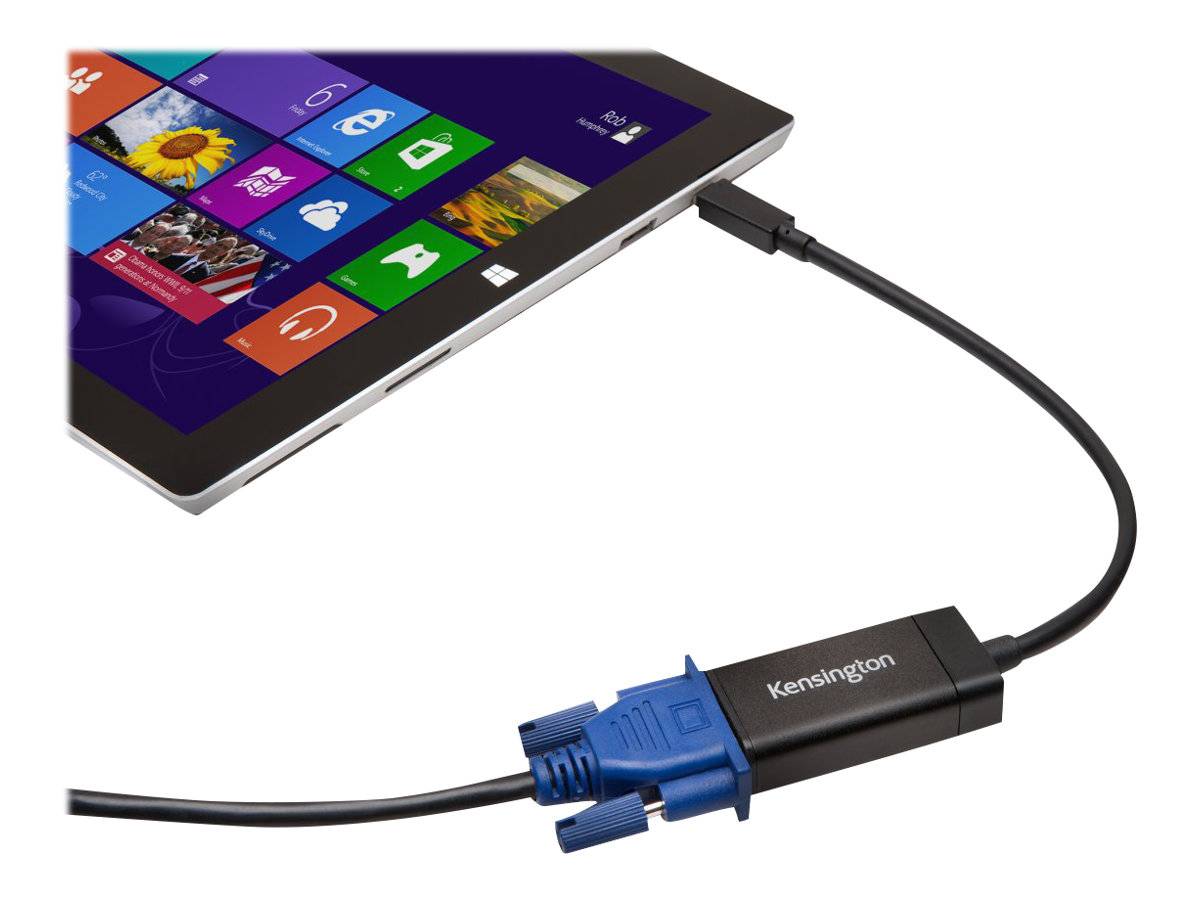 Tablet, das über ein USB-Kabel mit einem Kensington-Adapter-Dongle verbunden ist, illustriert eine kabelgebundene Geräteverbindung.
