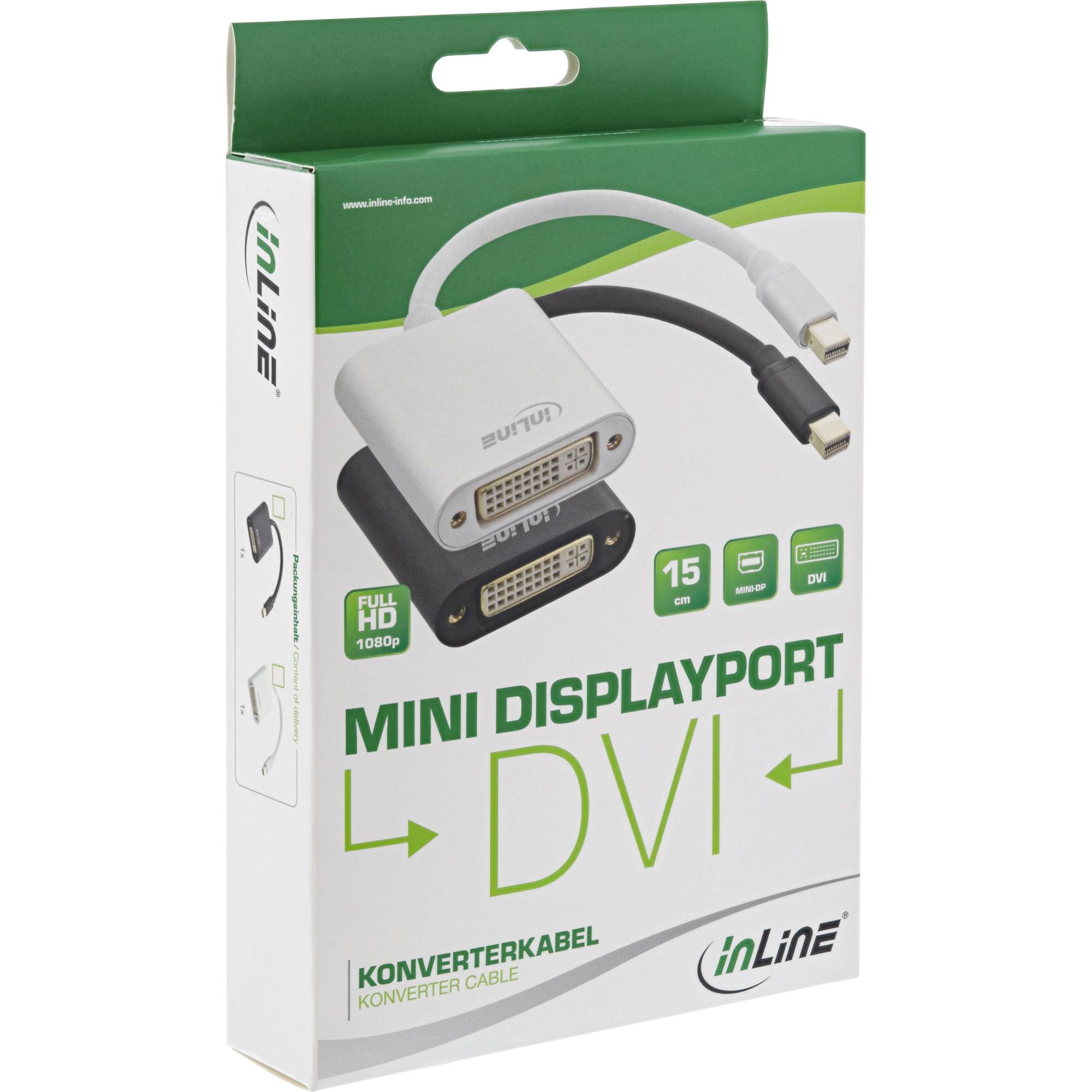 Verpackung für ein inLine mini DisplayPort-zu-DVI-Adapterkabel, das den Adapter und die Unterstützung für „Full HD 1080p