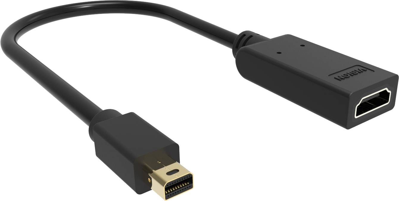 Mini DisplayPort zu HDMI Adapterkabel mit schwarzen Steckern auf weißem Hintergrund.