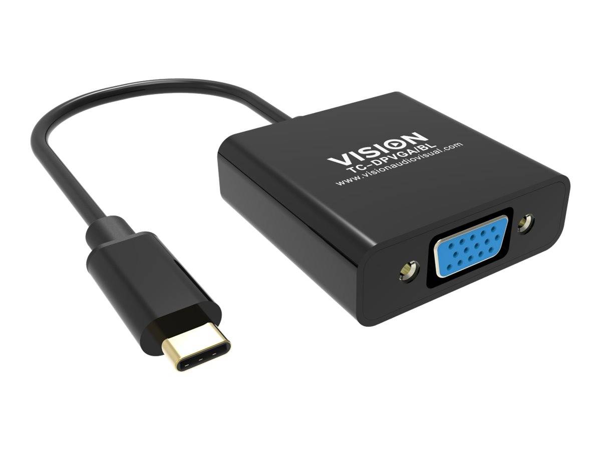USB-C-zu-VGA-Adapter mit kurzem Kabel und VGA-Buchse auf schwarzem rechteckigen Dongle