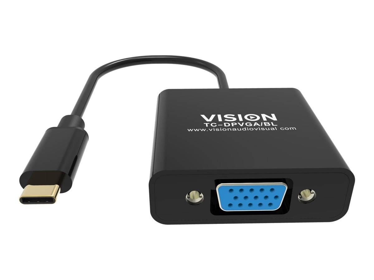 USB-C zu VGA-Adapter mit kurzem Kabel, zeigt einen blauen VGA-Anschluss und das 