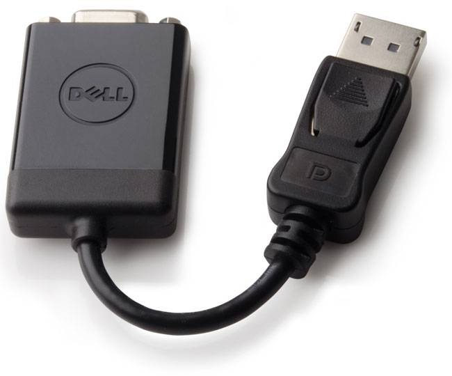 Dell-Adapterkabel mit einem DisplayPort-Stecker auf der einen Seite und einem proprietären Anschluss auf der anderen Seite.