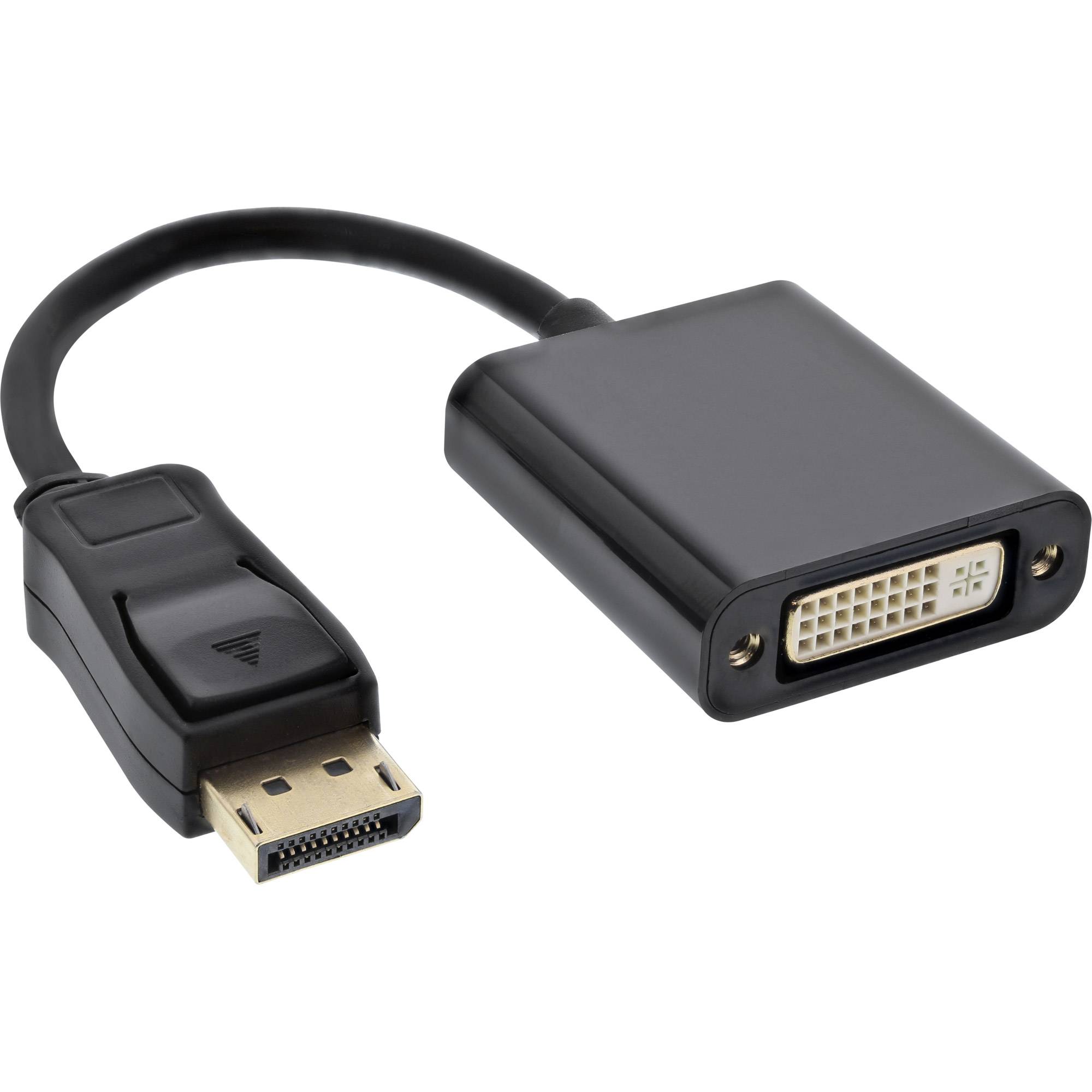 DisplayPort-auf-DVI-Adapterkabel mit männlichem DisplayPort-Stecker und weiblichem DVI-Anschluss auf einem schwarzen Steckergehäuse.