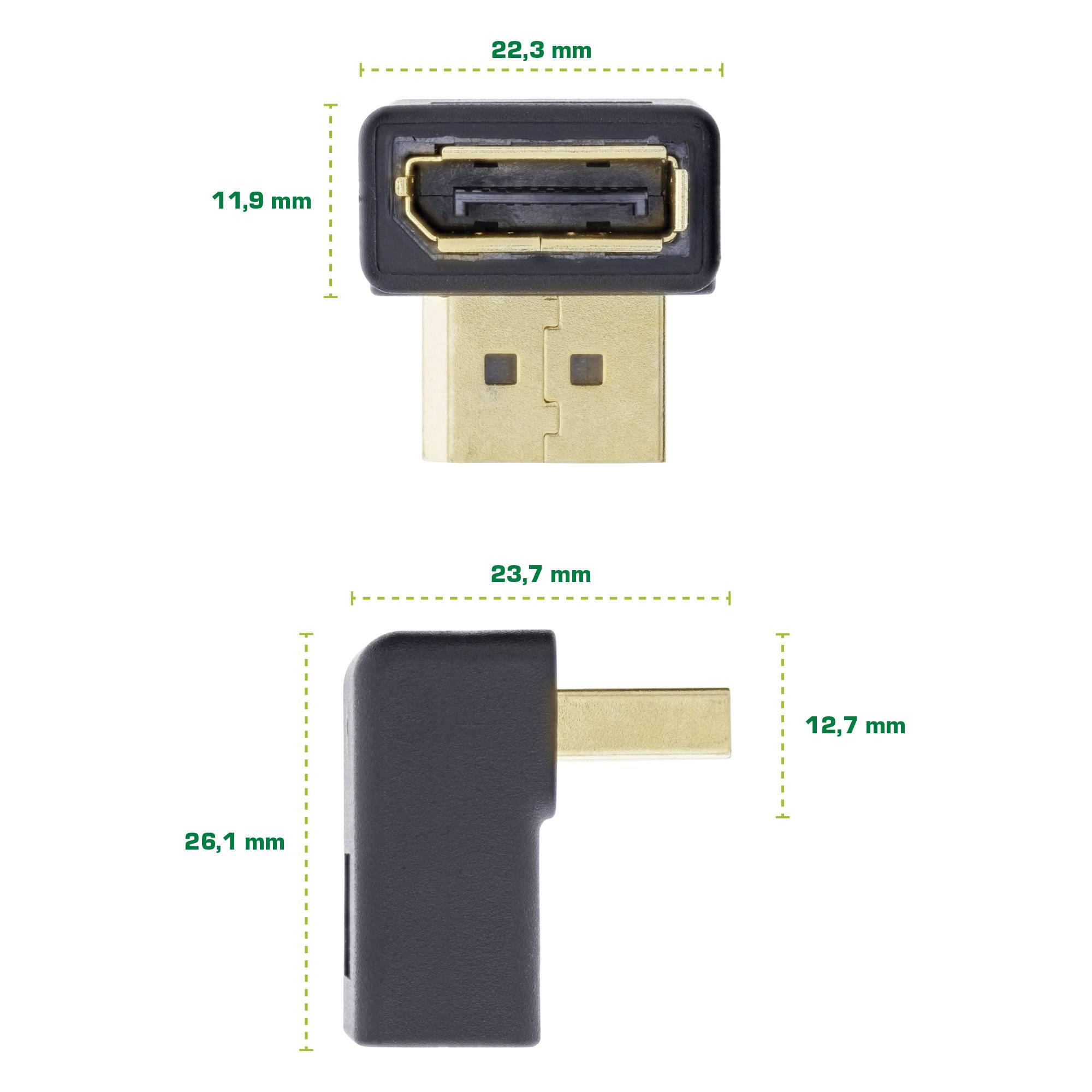 Annotiertes Diagramm eines USB-Adapters mit Front- und Seitenansicht mit Abmessungen in Millimetern.