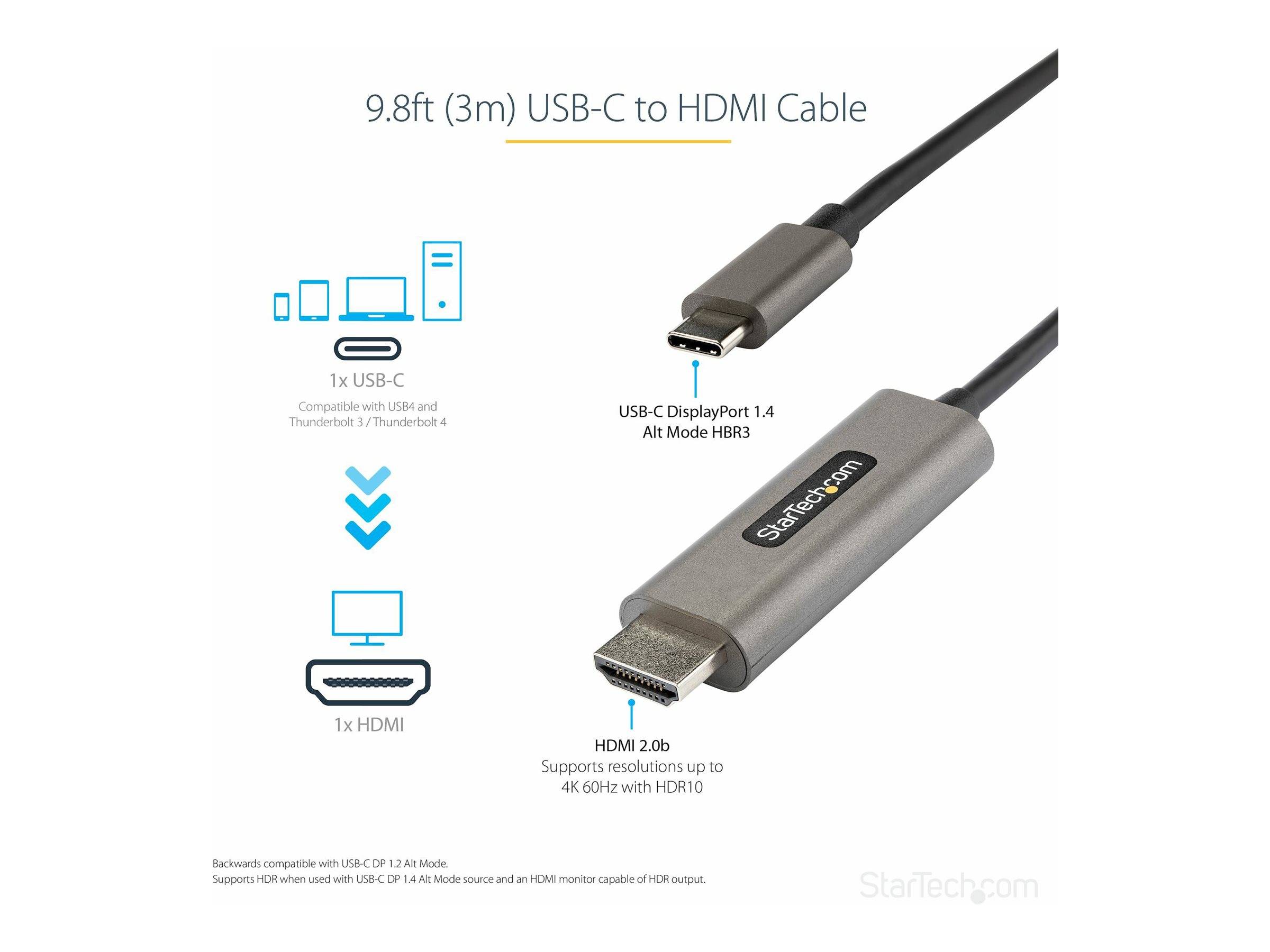 StarTech.com 3m USB-C auf HDMI Kabel 4K 60Hz mit HDR10 - Ultra HD Video Adapter Kabel - DP 1.4 Alt Mode HBR3 (CDP2HDMM3M