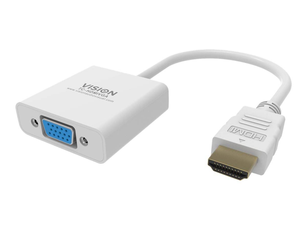 Weißes HDMI-zu-VGA-Adapterkabel mit VGA-Buchse und HDMI-Stecker auf einfachem Hintergrund.