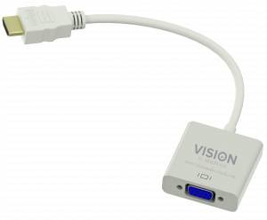 Weißes HDMI-auf-VGA-Adapterkabel mit einem männlichen HDMI-Stecker auf der einen Seite und einer weiblichen VGA-Buchse mit der Beschriftung „VISION