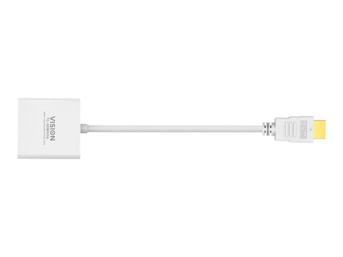 White Vision HDMI-Adapterkabel mit einem rechteckigen Dongle an einem Ende und HDMI-Stecker am anderen Ende, gezeigt vor einfachem Hintergrund.